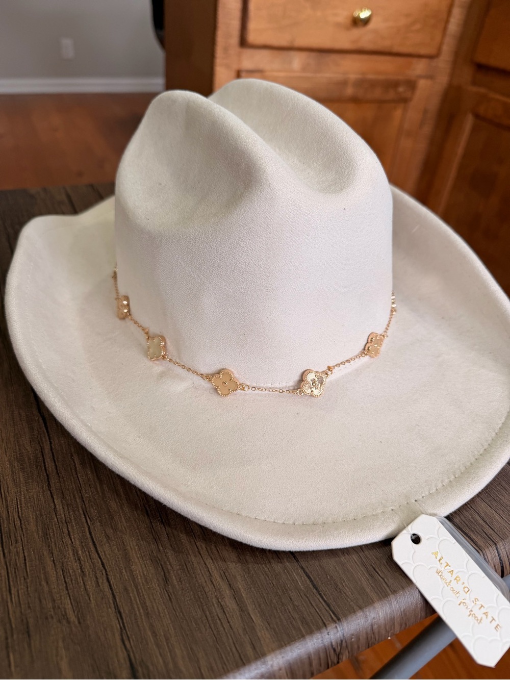 Altar'd State Cream Women's Felt Western Hat with Gold Chain Motif